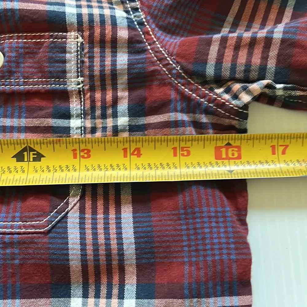 Gap kids burgundy, navy and white plaid button down, cotton shirt.  Boy’s medium